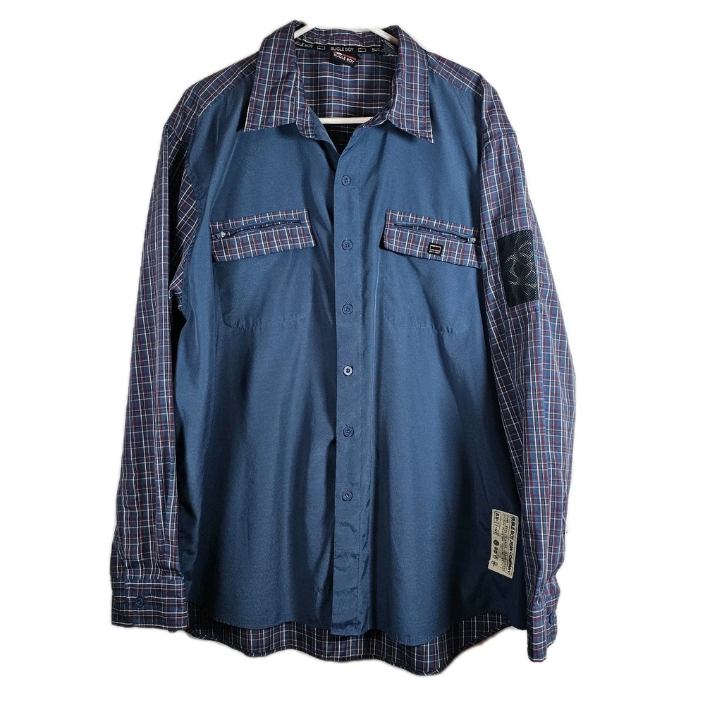 Bugle Boy Vtg Y2K Button Down Men's Shirt‎ Blue Colorblock Plaid Sz XL Pockets